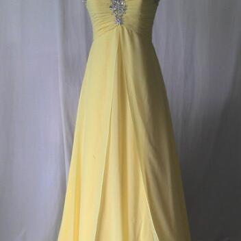 Elegant Yellow Chiffon Beaded Long Prom Dress A..