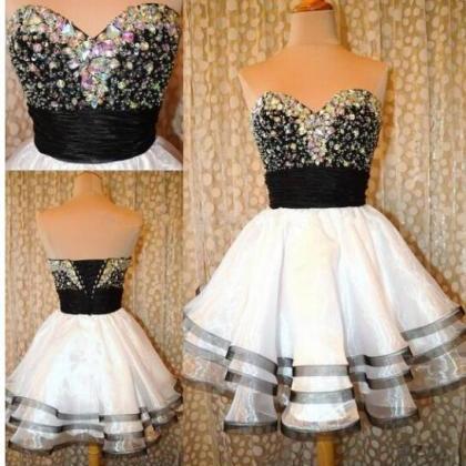 White And Black Beaded Short Homecoming Dress Sexy..