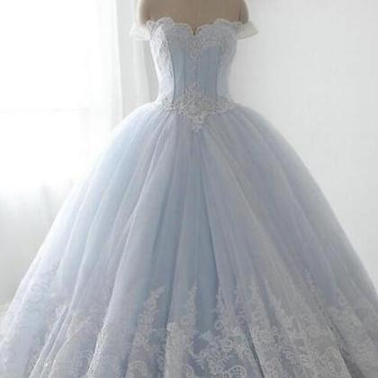 Custom Made Light Sky Blue Ball Gown Lace Prom..