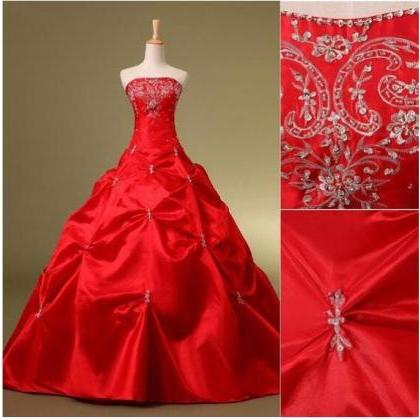 Off Shoulder Red Taffeta Ball Gown Wedding Dresses..