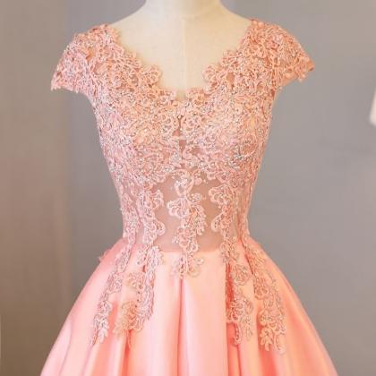 Elegant Coral Lace Appliqued Long Prom Party..