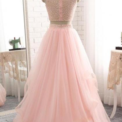 Elegant A Line Two Pieces Beaded Long Prom Dresses..