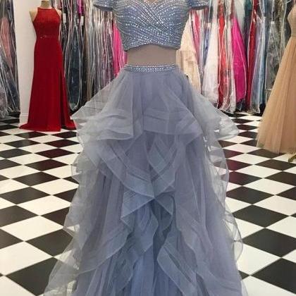 Prom Party Dresses Gray Tulle Long Prom Gowns..