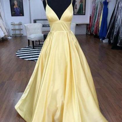 Sexy A Line Light Yellow Satin Long Prom Dress..