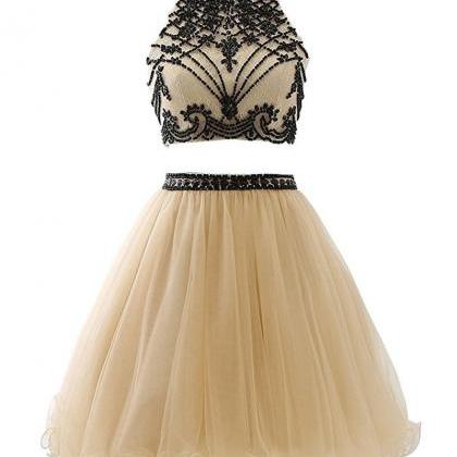 Sexy Beaded Two Pieces Champagne Tulle Short..