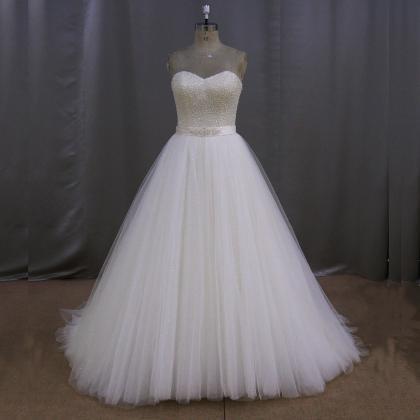 Luxury Beaded A Line White Tulle Long Prom Dress ,..