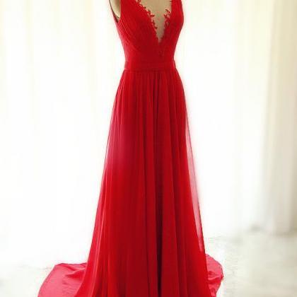 Sexy V-neck Red Ruffle Long Prom Dress Custom Made..