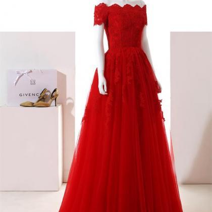 Floor Length Red Lace Appliqued Prom Dress A Line..