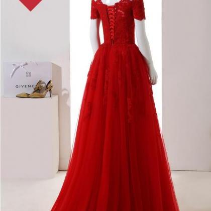 Floor Length Red Lace Appliqued Prom Dress A Line..