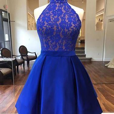 Royal Blue Lace Prom Dress Halter Neck Mini Prom..