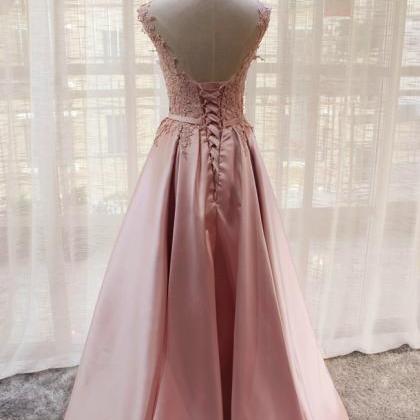 Floor Length Pink Lace Appliqued Long Prom Dress..
