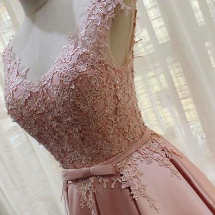 Floor Length Pink Lace Appliqued Long Prom Dress..