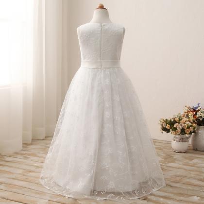 White Lace Wedding Flower Girl Dress With..