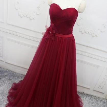 Simple Burgundy Tulle Ruches Long Prom Dress..