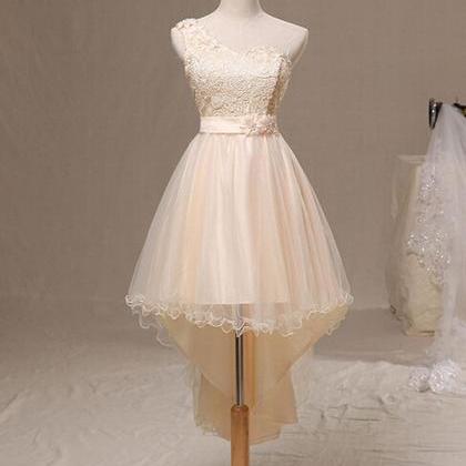 One Shoulder Light Champagne Lace Prom Dress Short..
