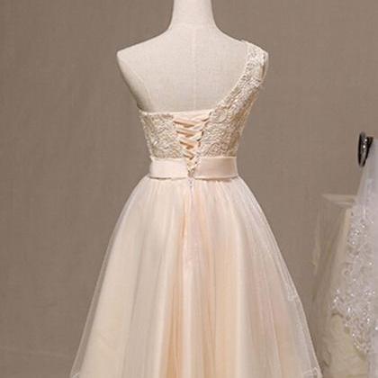 One Shoulder Light Champagne Lace Prom Dress Short..