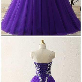 Off Shoulder Purple Tulle A Line Long Prom Dresses..