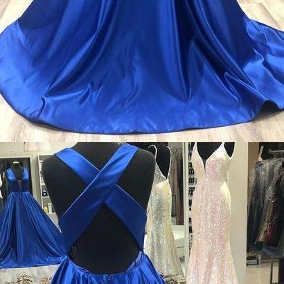 Fashion Royal Blue Satin Ball Gown Prom Dress Off..