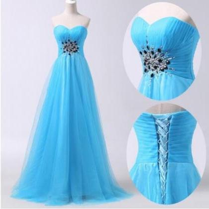 Sexy Blue Ruffle Long Prom Dress Beaded Strapless..