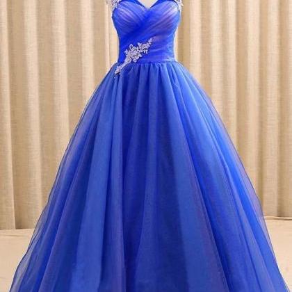 Royal Blue Tulle A Line Prom Dress V-neck Prom..