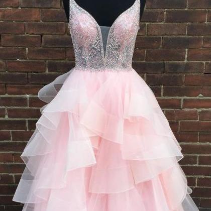 Plus Size Pink Tulle Beaded Ruffle Long Prom..