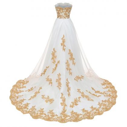 White Tulle High Low Prom Dress With Gold Lace..