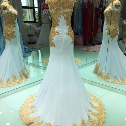 White Mermaid Prom Dress With Gold Lace Appliqued..