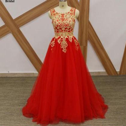 Custom Made Red Tulle Long Prom Dress With Gold..