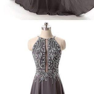 A Line Dark Gray Chiffon Beaded Long Prom Dress..