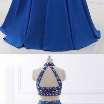 Elegant Two Pieces Royal Blue Satin Long Prom..