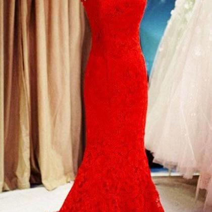 Red Lace High Neck Long Evening Dress Custom Made..