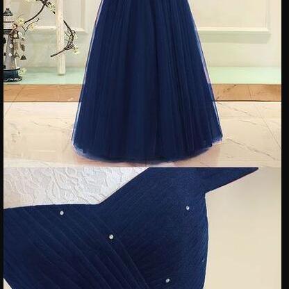 Charming Dark Blue Tulle Beaded Ruffle A Line Prom..