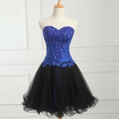 Blue Lace Beaded Short Homecoming D..