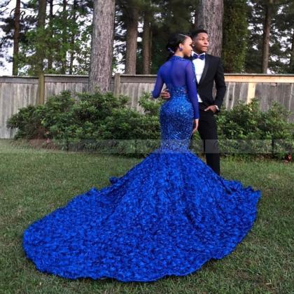 Royal Blue Beaded Sequin Mermaid Prom Dress With..