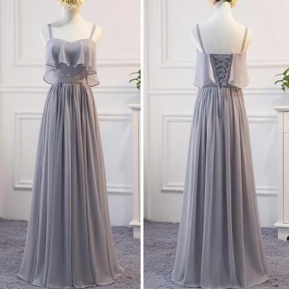 A Line Light Gray Chiffon Long Bridesmaid Dress..