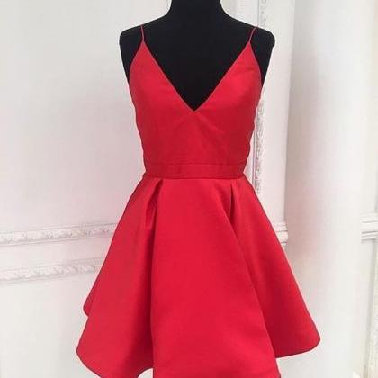 Red Satin V-neck Short Homecoming Dress Simple..