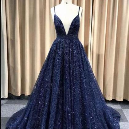 Charming A Line Navy Blue Sequin Long Prom Dress..