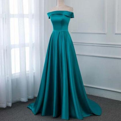 Off The Shoulder Long Prom Dresses Turquoise Satin..