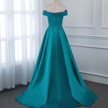 Off The Shoulder Long Prom Dresses Turquoise Satin..