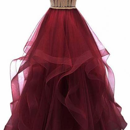 Charming Sexy Burgundy Tulle Long Prom Dress..