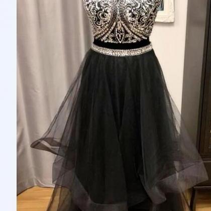 Charming Black Beaded Two Pieces Long Prom Dress,..