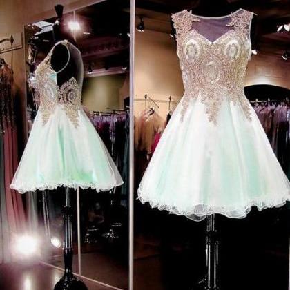 Short Scoop Neck Prom Dress With Lace Appliqued..