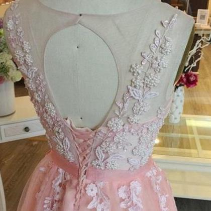 Pink Beaded Lace Formal Evening Dress A Line Scoop..