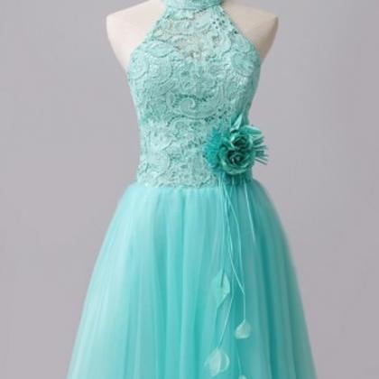 Mint Green Tulle Lace High Neck Short Homecoming..