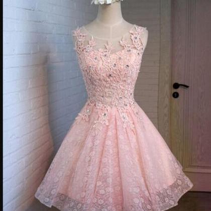 Pink Tulle Lace Beaded Short Homecoming Dress,..