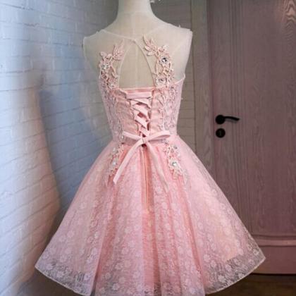 Pink Tulle Lace Beaded Short Homecoming Dress,..