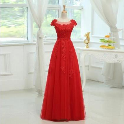 Red Lace Appliqued Long Prom Dress Sheer Neck..