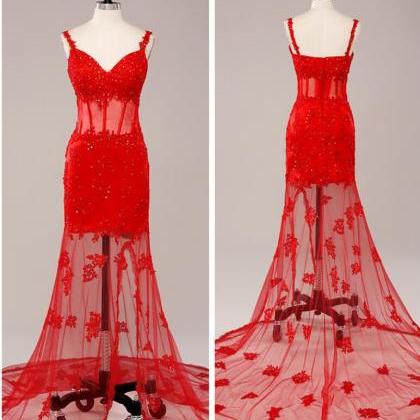 Red Spaghetti Strap Long Prom Dress Beaded With..