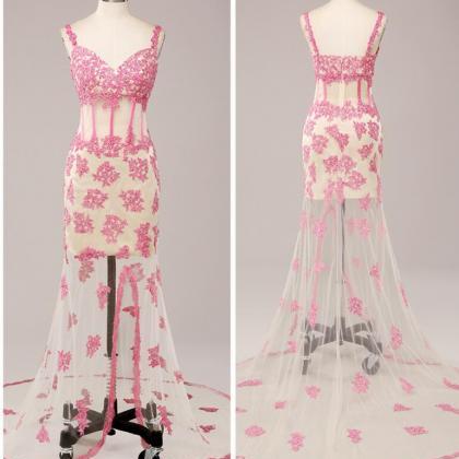 Pink Spaghetti Strap Long Prom Dress Beaded With..