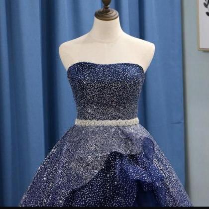 Plus Size Navy Blue Sequin A Line Long Prom Dress..